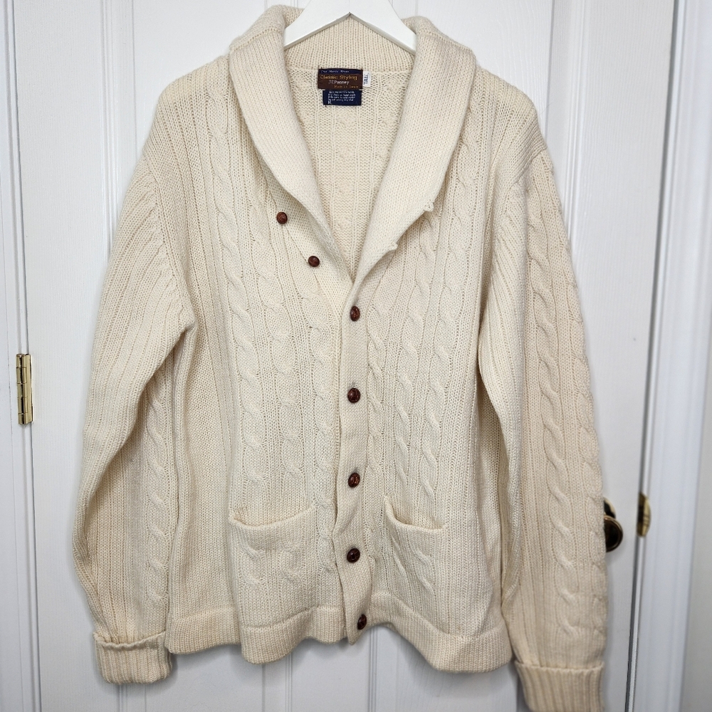 Mens JC Penney 100% Worsted Wool Button Cardigan Sweater Oatmeal Cream XL Tall